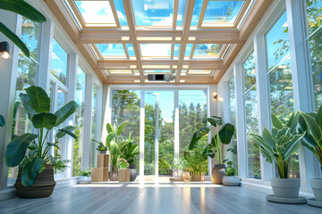 A solarium with AI-controlled skylights, adjusting to optimize natural light and ventilation throughout the day.