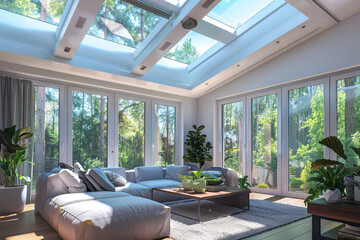 A solarium with AI-controlled skylights, adjusting to optimize natural light and ventilation throughout the day. - obrazy, fototapety, plakaty