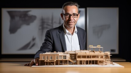 A man is posing in front of a model of a building