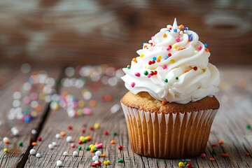 Tasty cupcake with butter cream and sprinkles on wooden table - obrazy, fototapety, plakaty