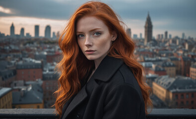 Fototapeta premium Portrait of a beautiful red-haired model, a ginger model with a face of beauty and red hair, noir, contrast, color paint, multiple colors, city at background , detailed,