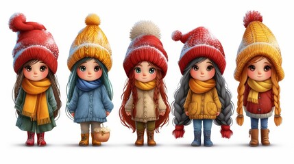 a group of little girls wearing winter hats and scarves, all wearing scarves and scarves, all wearing scarves and scarves.