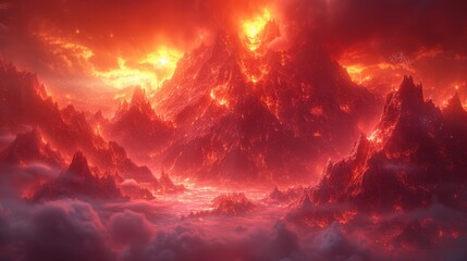 a painting of a sunset over a mountain range with red clouds and a river running through the middle of it.
