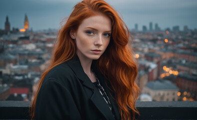 Obraz premium Portrait of a beautiful red-haired model, a ginger model with a face of beauty and red hair, noir, contrast, color paint, multiple colors, city at background , detailed,