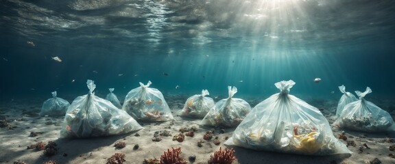 ocean plastic bags under the sea. The problem of ocean pollution with garbage. - obrazy, fototapety, plakaty