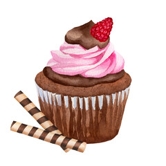 Chocolate brown cupcake with pink cream, raspberry and roll sticks hand drawn in watercolor for postcards, flyers, menus, labels isolated on white background