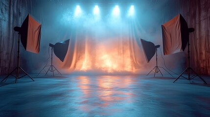 a photo studio with lighting and lighting equipment in front of a large backdrop of blue and orange lights in the middle of the room. - obrazy, fototapety, plakaty