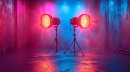 a couple of lights sitting on top of a tripod in front of a red and blue light in a room.