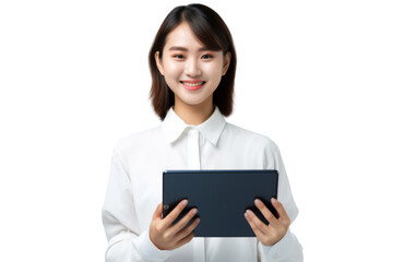 Studio portrait company worker beautiful young Caucasian woman with an attractive smile wearing casual outfits and holding digital tablet, isolated on transparent png background.