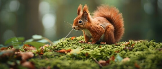 Solitary Red Squirrel in a Serene Forest Setting. Concept Wildlife Photography, Nature Observation, Forest Creatures, Solitude in Nature, Squirrel Behavior