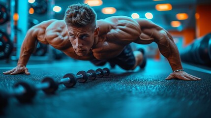 a man doing push ups on a gym floor with a barbell on one side and a barbell on the other. - obrazy, fototapety, plakaty