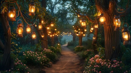 An enchanting garden transformed into a whimsical wonderland, with oversized blooms suspended from the trees and intricate pathways lined with flickering lanterns