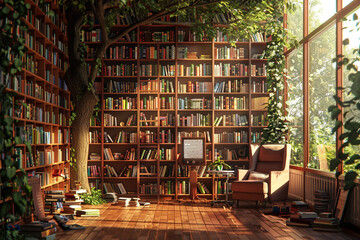 A sunlit reading nook equipped with an AI-driven book recommendation system, featuring floor-to-ceiling bookshelves and a comfortable reading chair. - obrazy, fototapety, plakaty