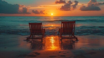 a couple of wooden chairs sitting on top of a beach next to the ocean with a sunset in the background. - obrazy, fototapety, plakaty