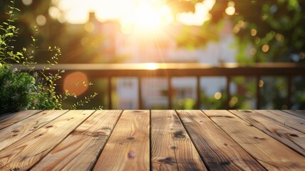 Wooden table in a sunset city background