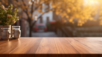 Wooden table in a sunset city background
