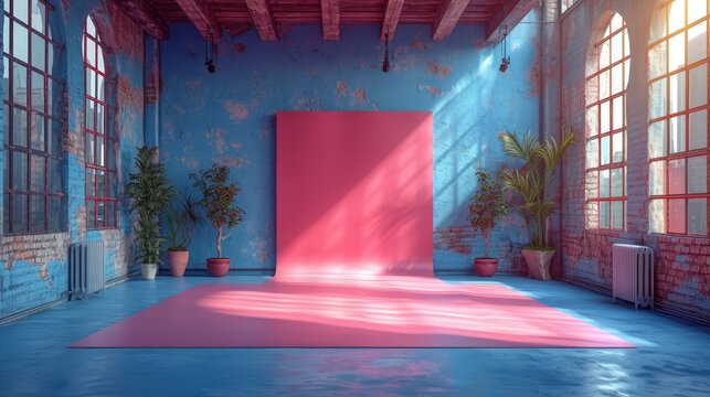 a room with blue walls, a pink door, and a pink rug in the middle of the room with potted plants.