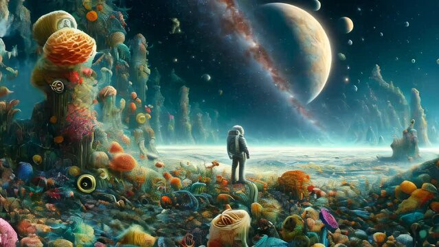Across the Universe: An Astronaut's Solitary Stand on an Alien Shore, Gazing at the Galactic Symphony Above. Planets in Alignment Whisper the Secrets of the Cosmos, as Stars Light the Way to Discovery