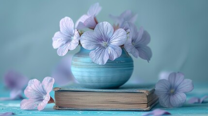   Blue vase with purple flowers sits atop book, surrounded by purple paper flowers