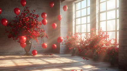 a captivating image of a bright room featuring a large window, dressed in festive balloons and fragrant flowers. - obrazy, fototapety, plakaty