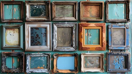 a captivating view of various wooden retro vintage frames adorning a wall, offering a charming...