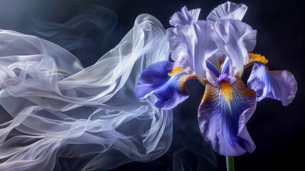 Purple iris in smoke, dark backdrop.