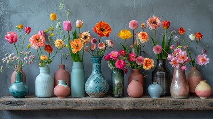   Several vases filled with flowers sit on a wooden shelf against a gray background