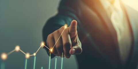 Analytical Business Approach, Man's Finger on Bright Profit Curve with Grey Background