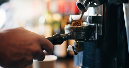 Cafe, coffee grinder and hands pouring espresso with barista, small business and hospitality....