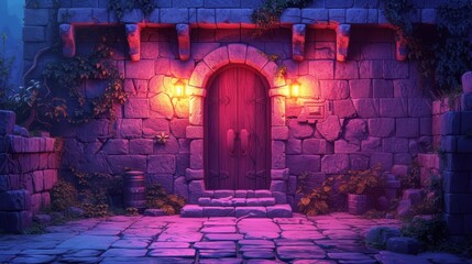 a stone building with a red door and a red light coming out of it's doorway and a set of steps leading up to it. - obrazy, fototapety, plakaty