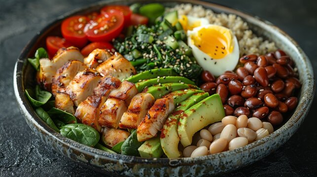   A detailed photo of a bowl containing broccoli, beans, avocado, and an egg