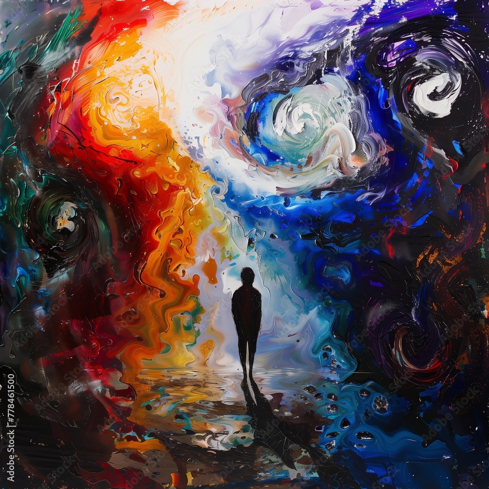 Poster man walks towards the open door of spiritual freedom, guided by rays of light.