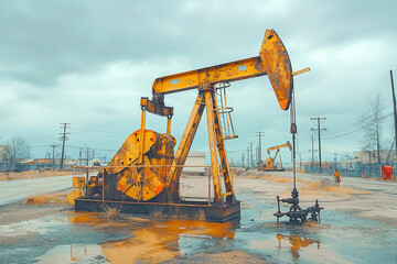 A vintage oil pump jack stands tall on top of a puddle of water in a remote field. The pump is actively extracting oil from the ground, with water pooling at its base