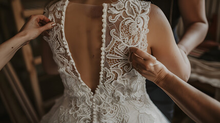 A wedding photographer is helping the bride put on her lace dress - Powered by Adobe