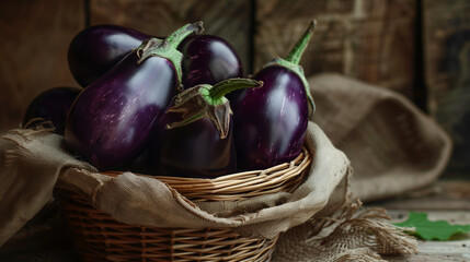 Eggplants in a wicker basket on a wooden background with burlap cloth, a closeup view of the purple color of the vegetables, in a rustic style with a blurred background and warm tones