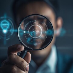 Man holding a magnifying glass with heart beat logo in blurred background