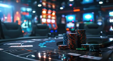 Medium shot of a futuristic VR gambling setup in a businessman's office, with digital casino chips and cards on display - Powered by Adobe