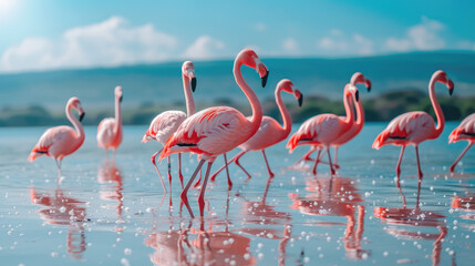 A flock of pink flamingos stands in calm water © Александр Марченко