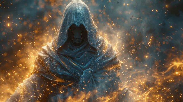 a man in a hooded jacket standing in front of a bunch of yellow and blue fire and ice flakes.