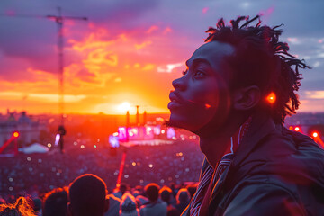 A man with dreadlocks is standing in front of a large crowd gathered at a fan fest in Place de la Concorde. He appears confident and engaged as he addresses the audience - obrazy, fototapety, plakaty