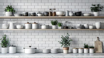 A white modern kitchen exudes a sense of purity and cleanliness, with tiles lining the walls and pots and pans displayed in an orderly fashion
