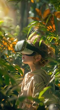 Close-up of a kid's curiosity being ignited by a VR journey through a holographic rainforest ecosystem