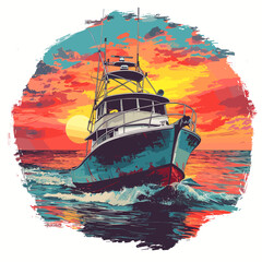 boat in the sea at sunset - obrazy, fototapety, plakaty