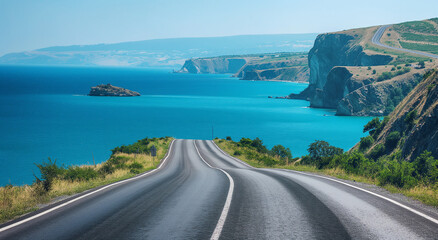 Scenic coastal road with sharp curves along the sea cliff, perfect for travel blogs and destination websites - obrazy, fototapety, plakaty