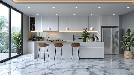 In the modern white minimalistic kitchen interior, simplicity is elevated to an art form, with every detail carefully considered - obrazy, fototapety, plakaty
