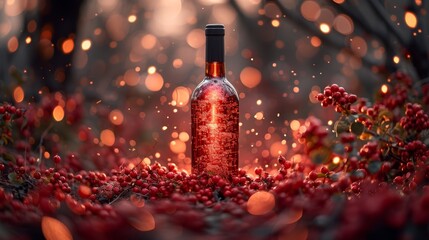 a bottle of wine sitting on top of a table next to a bunch of red berries and a tree with lights in the background.