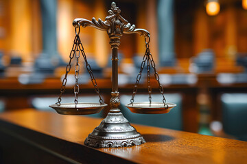 A scale of justice is positioned on top of a wooden table. The scale is a symbol of equality and fairness in legal proceedings - obrazy, fototapety, plakaty