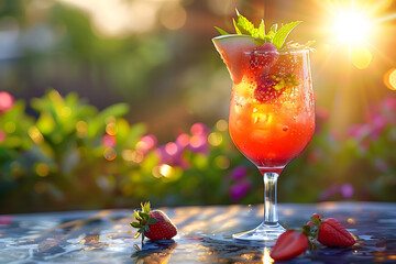 A fruity and colorful cocktail standing on a table outside in a beautiful garden - obrazy, fototapety, plakaty