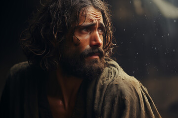 Fototapeta premium A man with a beard and long hair is looking at the camera