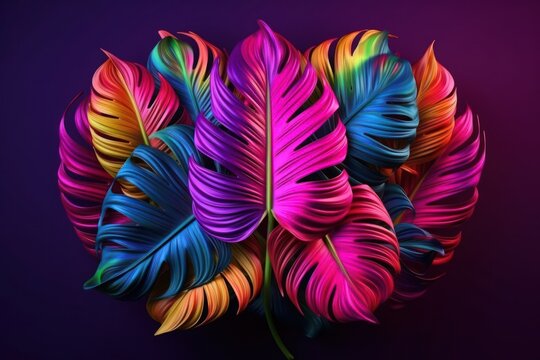 Tropical leaves in neon colors on black background. Banner design